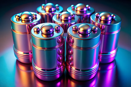 Metallic cylindrical objects with rounded tops and spherical accents, illuminated with vibrant purple and blue neon light.の素材
