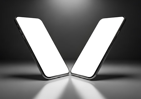 Two silver smartphones with blank white screens angled towards each other on a dark reflective surface with soft lighting.の素材