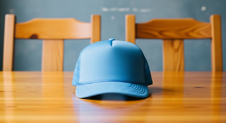 A blue mesh trucker hat sits on a polished wooden table. Two wooden chairs are blurred in the background.の素材