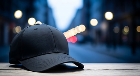 A dark black baseball cap rests on a weathered wooden surface. The background is a blurred urban scene with glowing yellow and red bokeh lights.の素材