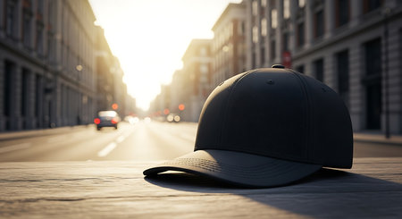 A black baseball cap rests on a wooden surface. The background is a blurred city street with buildings and traffic.の素材