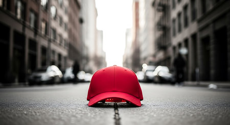 A bright red baseball cap rests on a textured asphalt street in a blurred urban setting with buildings and cars.の素材