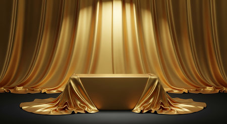 A rectangular golden podium draped with flowing golden fabric sits on a dark surface.の素材