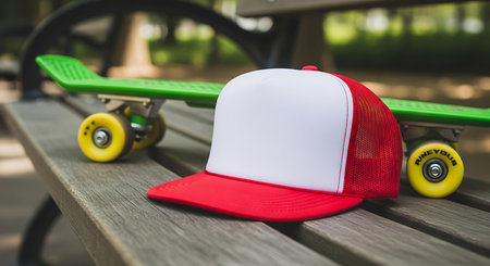 A red and white trucker hat rests on a wooden bench next to a bright green skateboard with yellow wheels.の素材