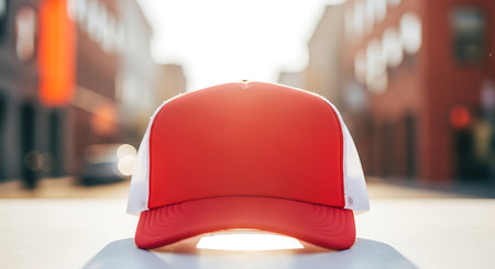 Red and white trucker hat front view, blurred city street background with bokeh lights.の素材