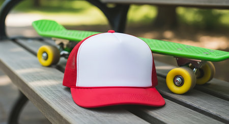 A red and white mesh trucker hat rests on a weathered wooden bench next to a bright green skateboard with yellow wheels.の素材