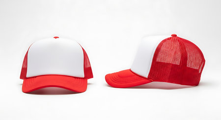 Two plain red and white mesh trucker hats are shown against a white background. One hat is viewed from the front, the other from the side.の素材