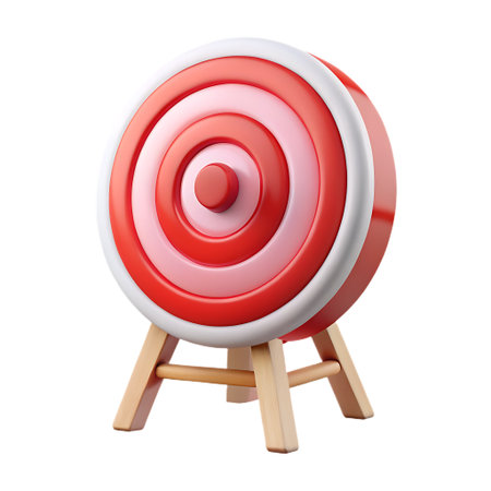 A 3D rendered target with red, pink, and white concentric circles sits on a light wood tripod stand. Isolated on a transparent background.の素材