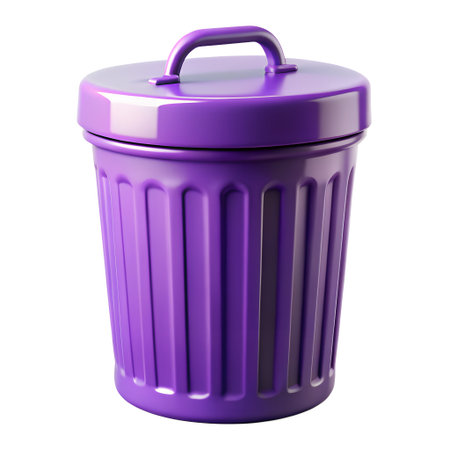 A purple trash can with a matching lid and handle, featuring vertical ribbed detailing on its cylindrical body. Isolated on a transparent background.の素材