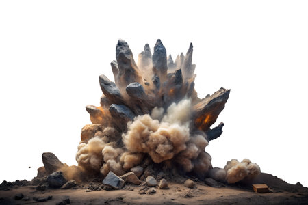 A dramatic explosion of a crystal formation with smoke and debris scattered around it on a dark backgroundの素材