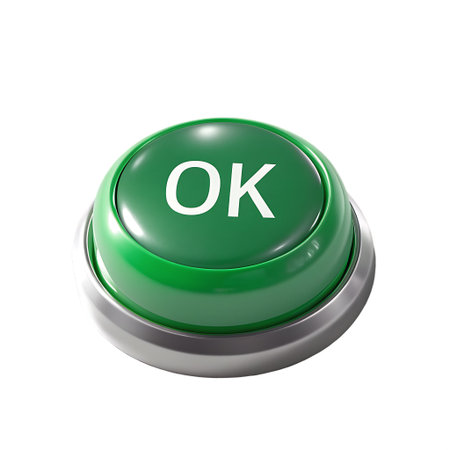 A 3D green button with a white base and OK text in white, shiny and reflective surface green, button, OK. green o k button with...の素材