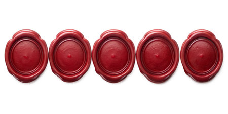 Four red wax seals are arranged in a row on white backing against a red, wax, seals. red wax seals in a row on white backing...の素材