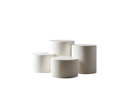 Four white cylinders of varying heights are arranged together on a solid showcasing their different sizes and smooth, matte finish.の素材