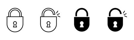 Four simple padlock in black and white. Two are outlined and two are solid black. Each pair one...