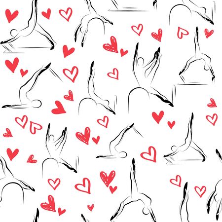 Pilates Poses and Heart Seamless Vector Pattern.Ideal for greeting cards, wall decor, textile design and much more.のイラスト素材