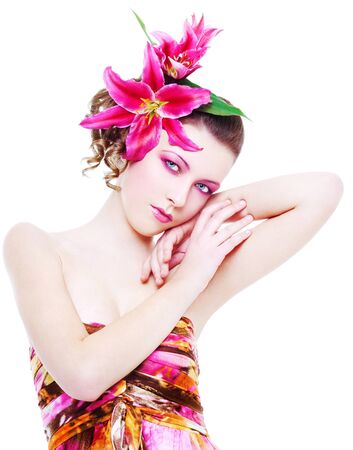 Young sexy woman with orchid, isolated on whiteの写真素材
