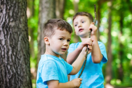 Brothers with branch quarrel in the forest, childhoodの写真素材