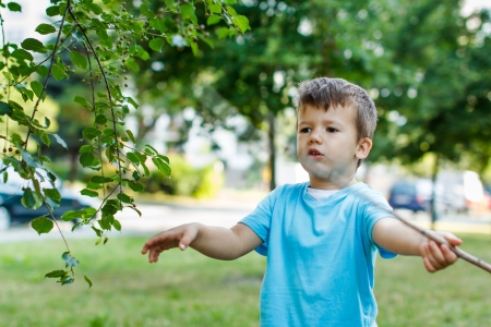 Little boy with branch at park, childhoodの写真素材
