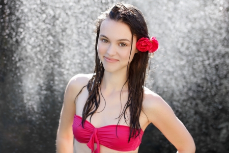 Sexy woman under shower, outdoorsの写真素材