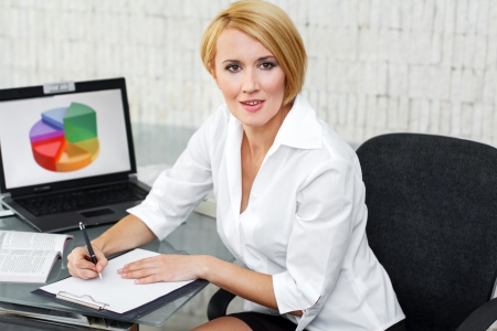 Businesswoman write on white paper, officeの写真素材