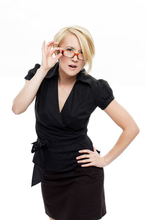 Businesswoman searching for solution, isolated on whiteの写真素材