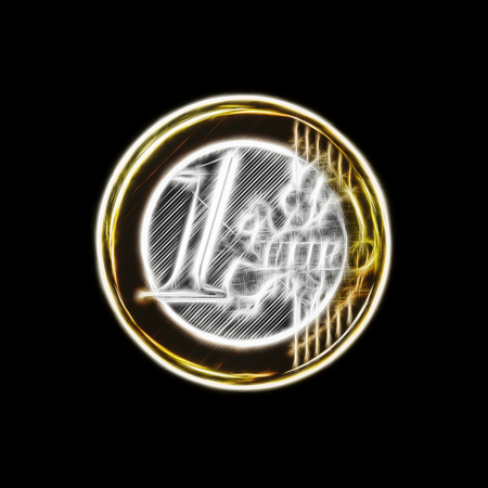 One euro coin, fractal artwork, isolated on a black backgroundの写真素材