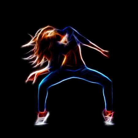 Female hip hop dancer, neon fractal artwork, isolated on blackの写真素材