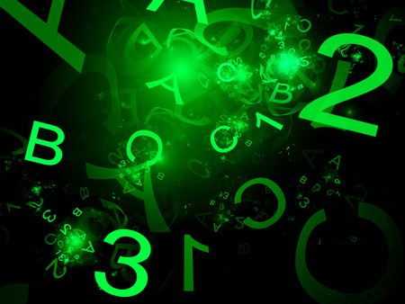 Green alphabet and one two three numbers, computer generated fractal backgroundの写真素材