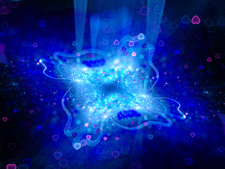 Blue glowing magic object in space with heart bokeh, computer generated abstract backgroundの写真素材
