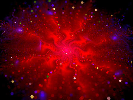 Glowing particles in red galactic fog, computer generated abstract backgroundの写真素材