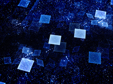 Blue glowing squares in space, new technologies in future, computer generated abstract backgroundの写真素材