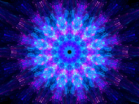 Multicolored glowing fractal kaleidoscope mandala in space, computer generated abstract backgroundの写真素材