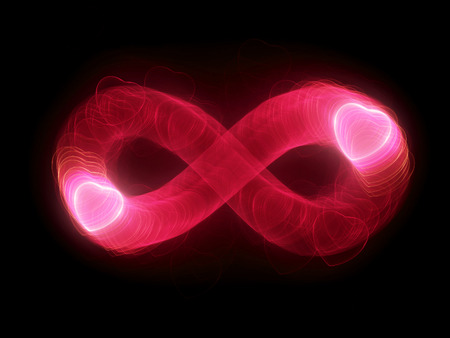 Two glowing hearts in infinity sign, computer generated abstract backgroundの写真素材