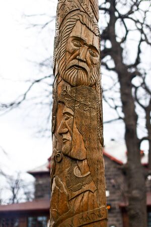 Hungarian kings on wood carving, Dobogoko, Hungaryの写真素材