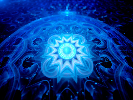 Blue glowing magical space mandala 3d, computer generated abstract backgroundの写真素材