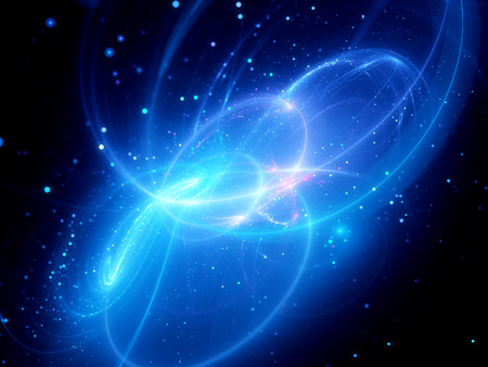 Magical blue glowing curves with particles, computer generated abstract backgroundの写真素材
