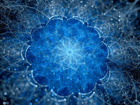 Blue glowing fractal mandala in space, computer generated abstract background