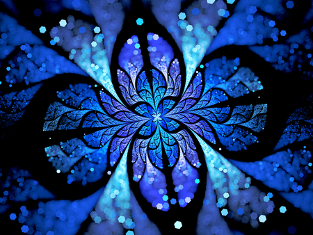 Blue glowing magical stained glass ornament with particles, depth of field, bokeh, computer generated abstract backgroundの写真素材