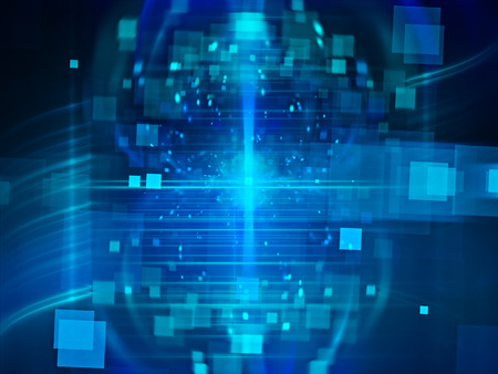 Blue glowing high tech with particles, depth of field with squares, computer generated abstract backgroundの写真素材