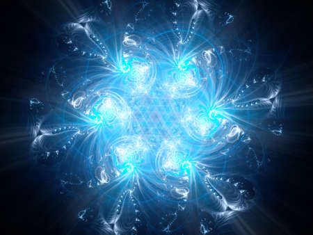 Blue glowing snowflake fractal, computer generated abstract backgroundの写真素材