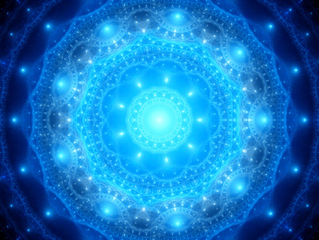 Blue glowing mandala in space, computer generated abstract backgroundの写真素材