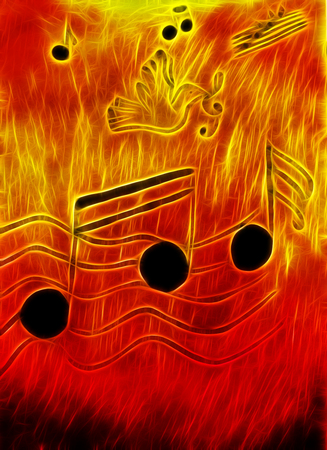 Fiery glowing sheet music with pigeon fractal, computer generated abstract backgroundの写真素材