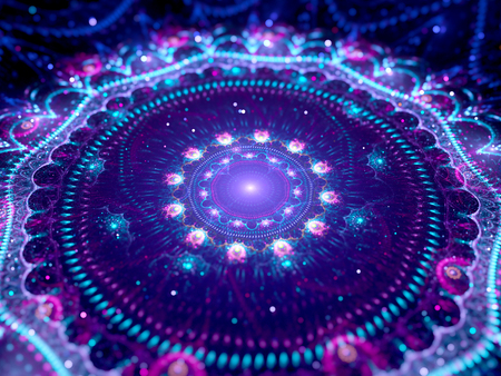 Colorful glowing mandala in space, computer generated abstract backgroundの写真素材