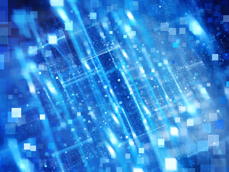 Blue glowing new technological explosion in space with square bokeh, computer generated abstract backgroundの写真素材