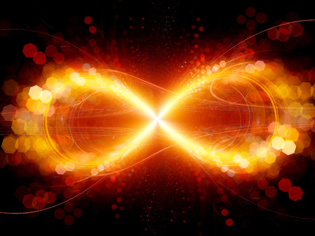 Fiery infinity sign explosion with particles, computer generated abstract background