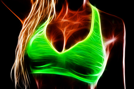 Glowing colorful sexy woman with big tits fractal on blackの写真素材