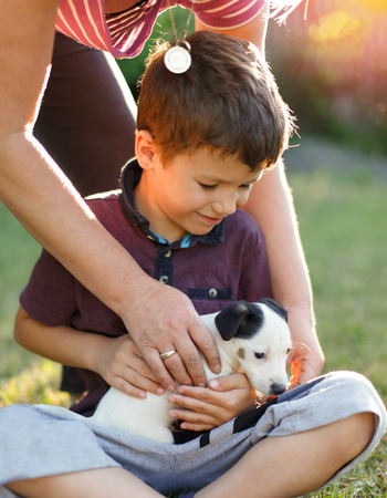 Mother give little terrier kid to son, outdoorの写真素材
