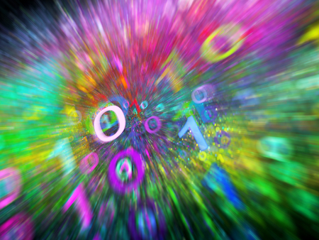 Colorful binary code stream in motion, computer generated abstract background, 3D rendering