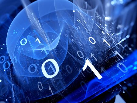Blue glowing binary code matrix in cyberspace, computer generated abstract background, 3D rendering