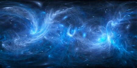 Blue glowing curvy force fields in space, 360 degrees panorama, computer generated abstract background, 3D renderingの写真素材